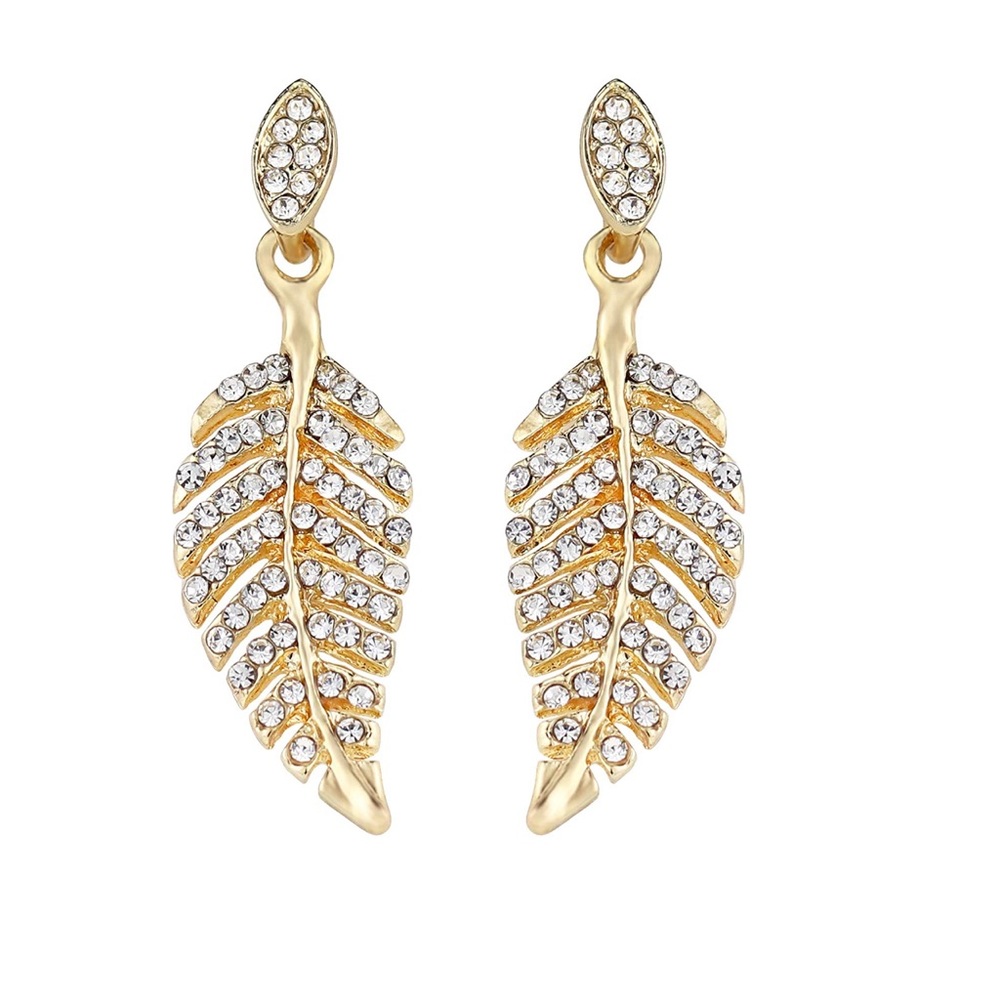 Leaf Drop Dangle Earrings with Clear Rhinestone